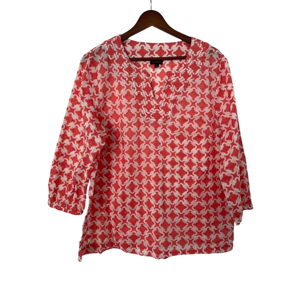 Talbots Cotton Tunic Blouse L Coral White Geometric Print 3/4 Sleeve Split Neck